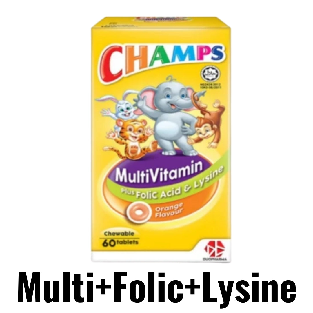 Champs Multivitamin + Lysine & Folic ACID Orange Chewable Tablets 60’s