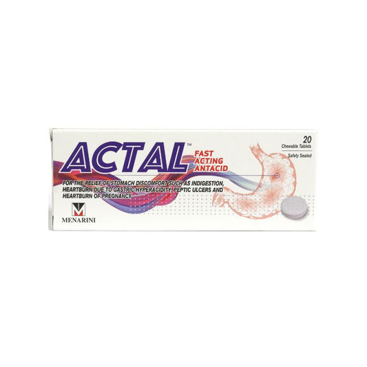 Actal Fast Acting Antacid Tablets (Relieves Gastric Pain, Heartburn & Upset Stomach) 20s