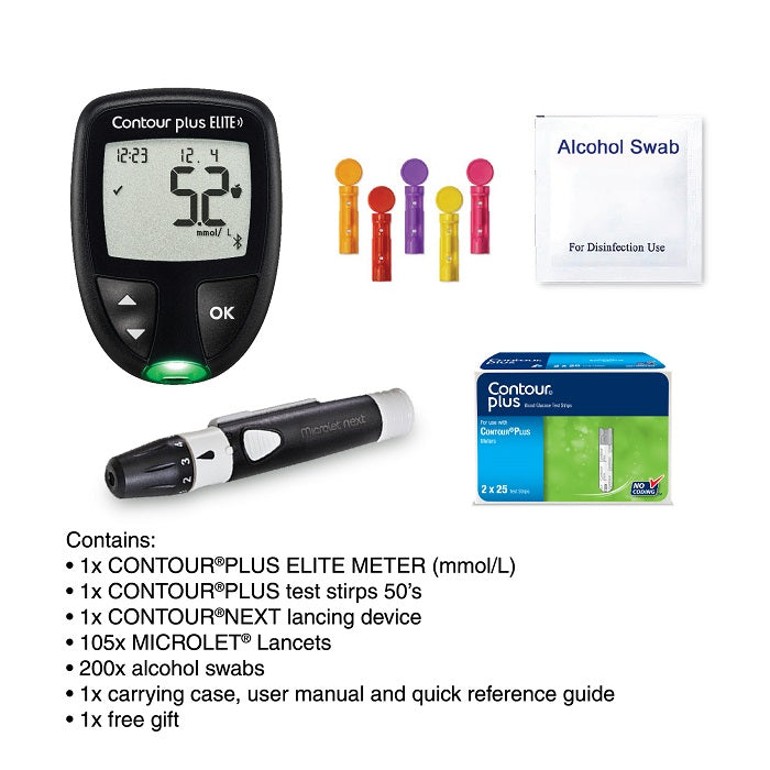 Contourplus Elite Meter +Test Strip 50s + Lancet 100s + Swab 200s + Gift