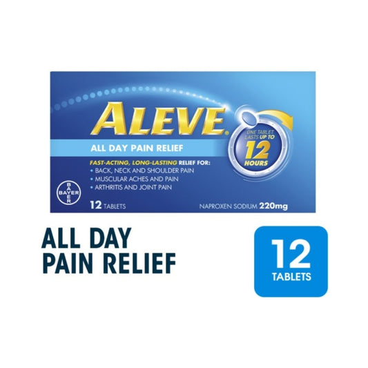 Aleve Naproxen Sodium 220mg All Day Pain Relief Lasts Up to 12 Hours (Relief Joint & Muscle Pain) 12s