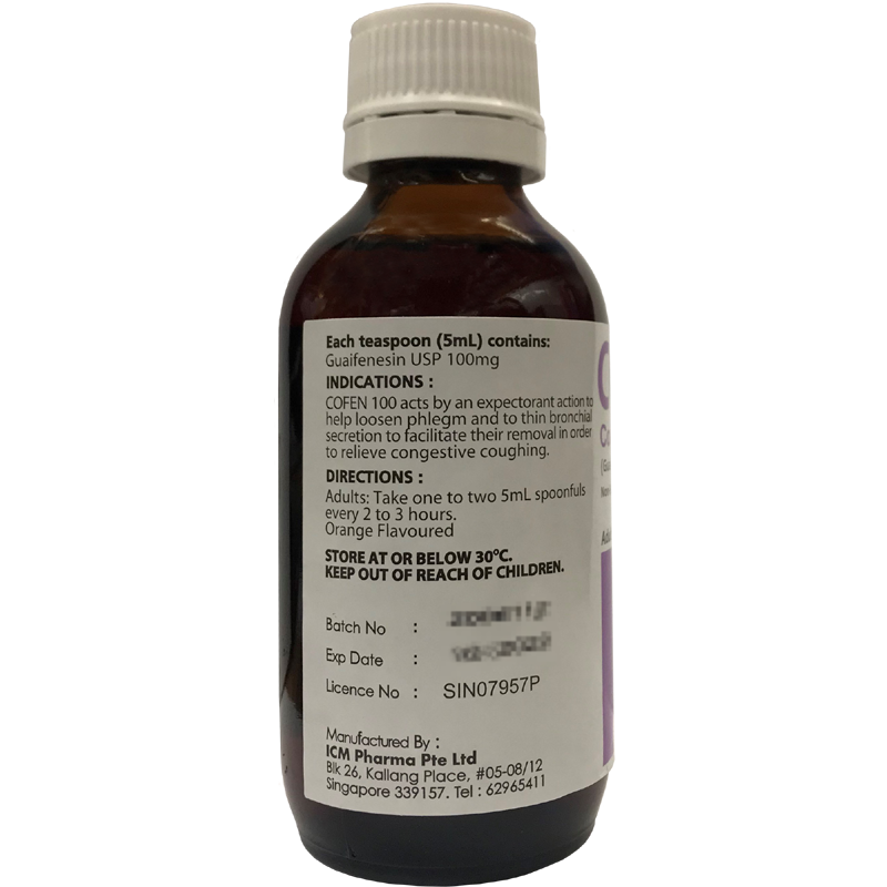 Cofen 100 Cough Mixture Guaifenesin 100mg/5ml 100ml